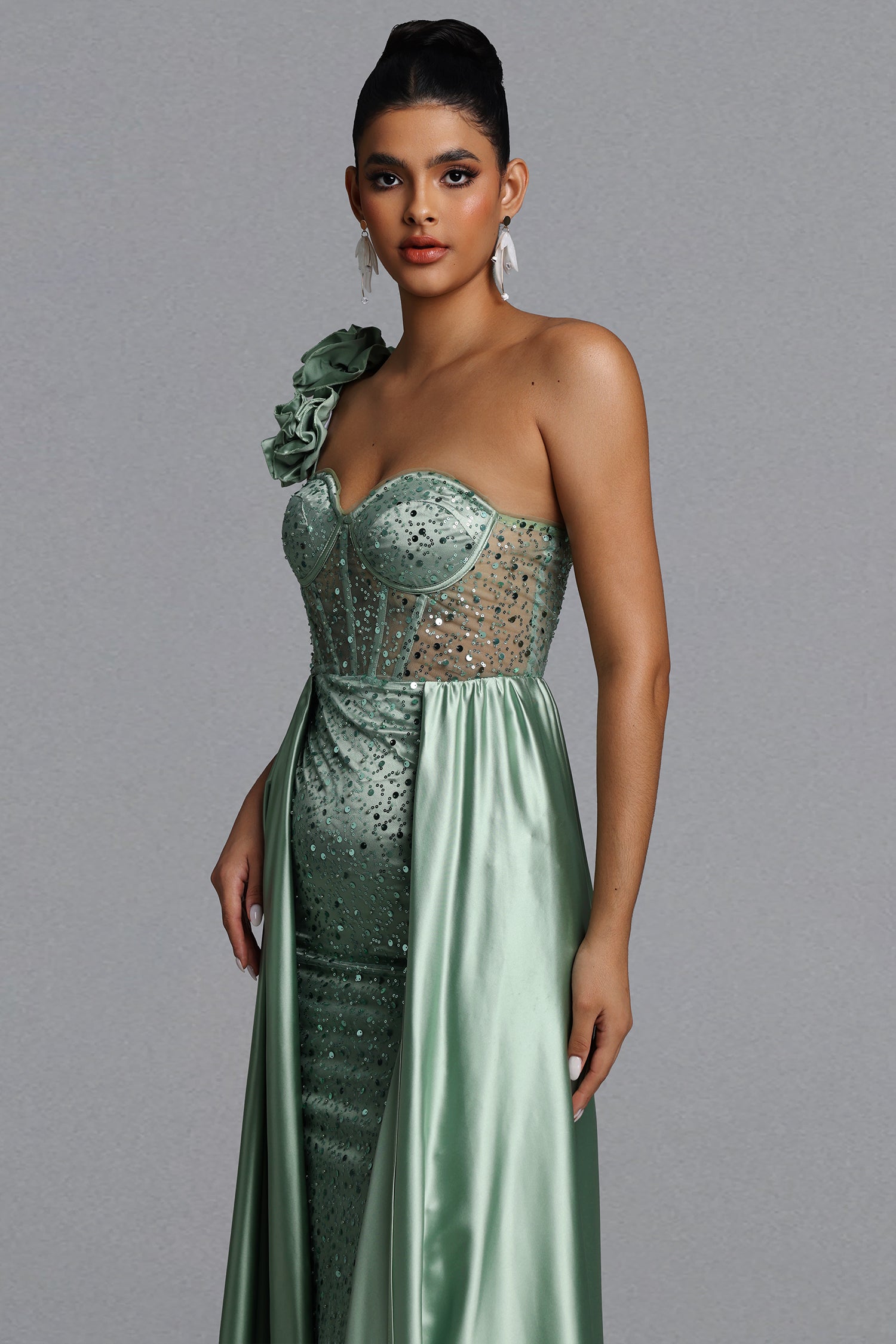 Zeren Elegant Tailored One Shoulder Sequin Maxi Dress	