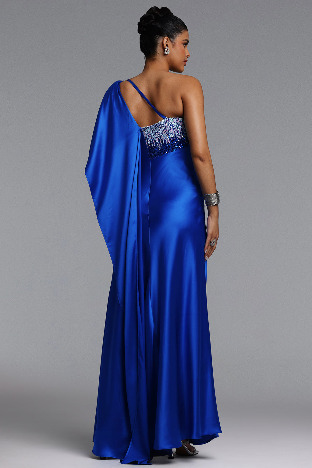 Miney Glamorous Contour One Shoulder Sequin Satin Maxi Dress	
