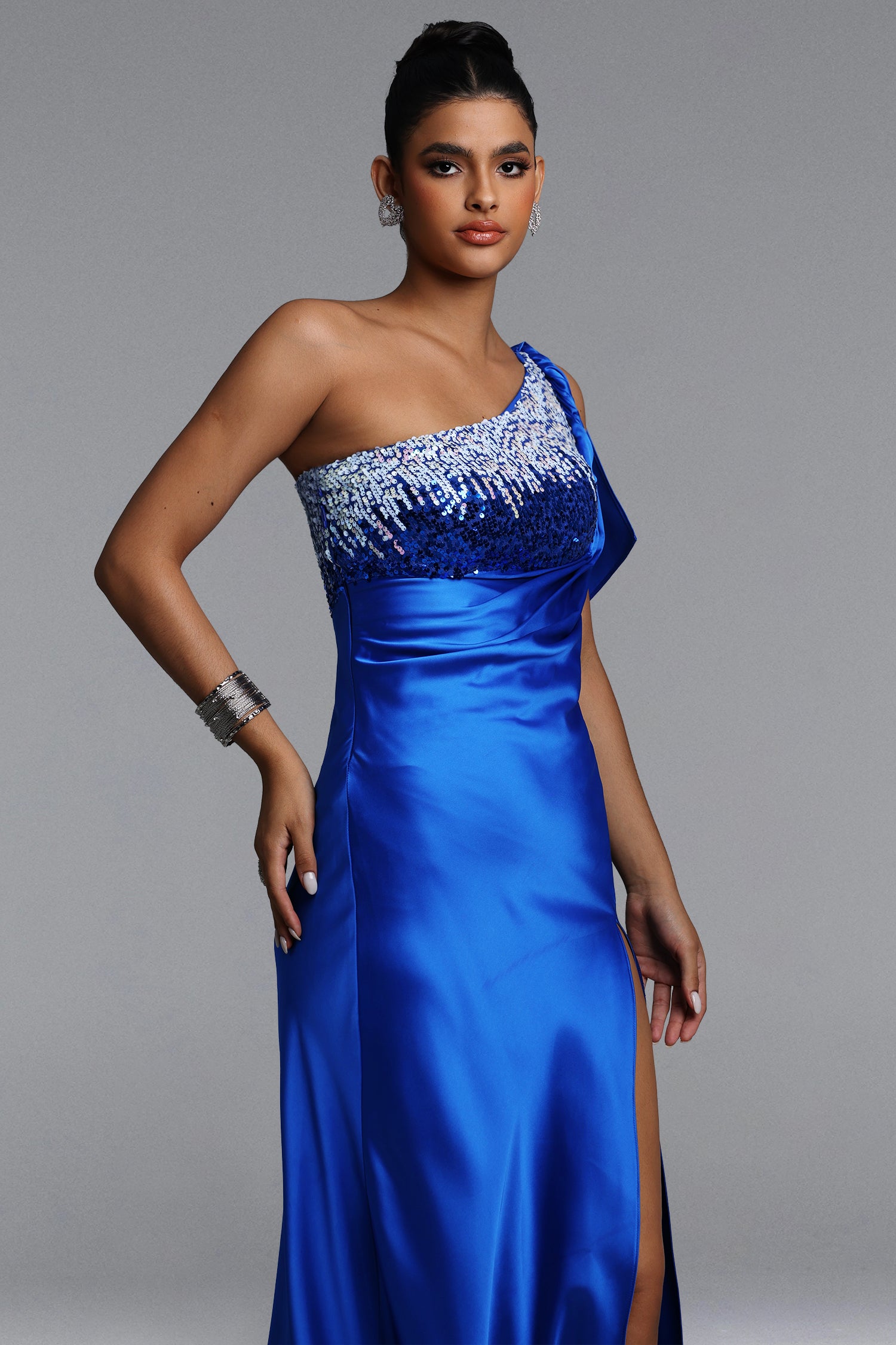 Miney Glamorous Contour One Shoulder Sequin Satin Maxi Dress	