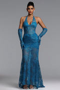 Jensen Chic Contour Halter Ruched Lace Maxi Dress	