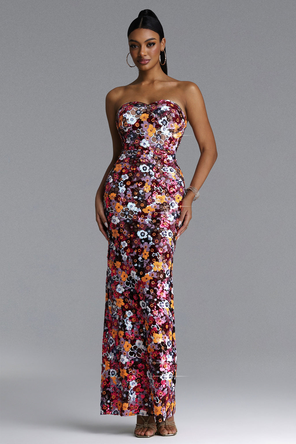 Livia Chic Contour Strapless Sequin Floral Maxi Dress	