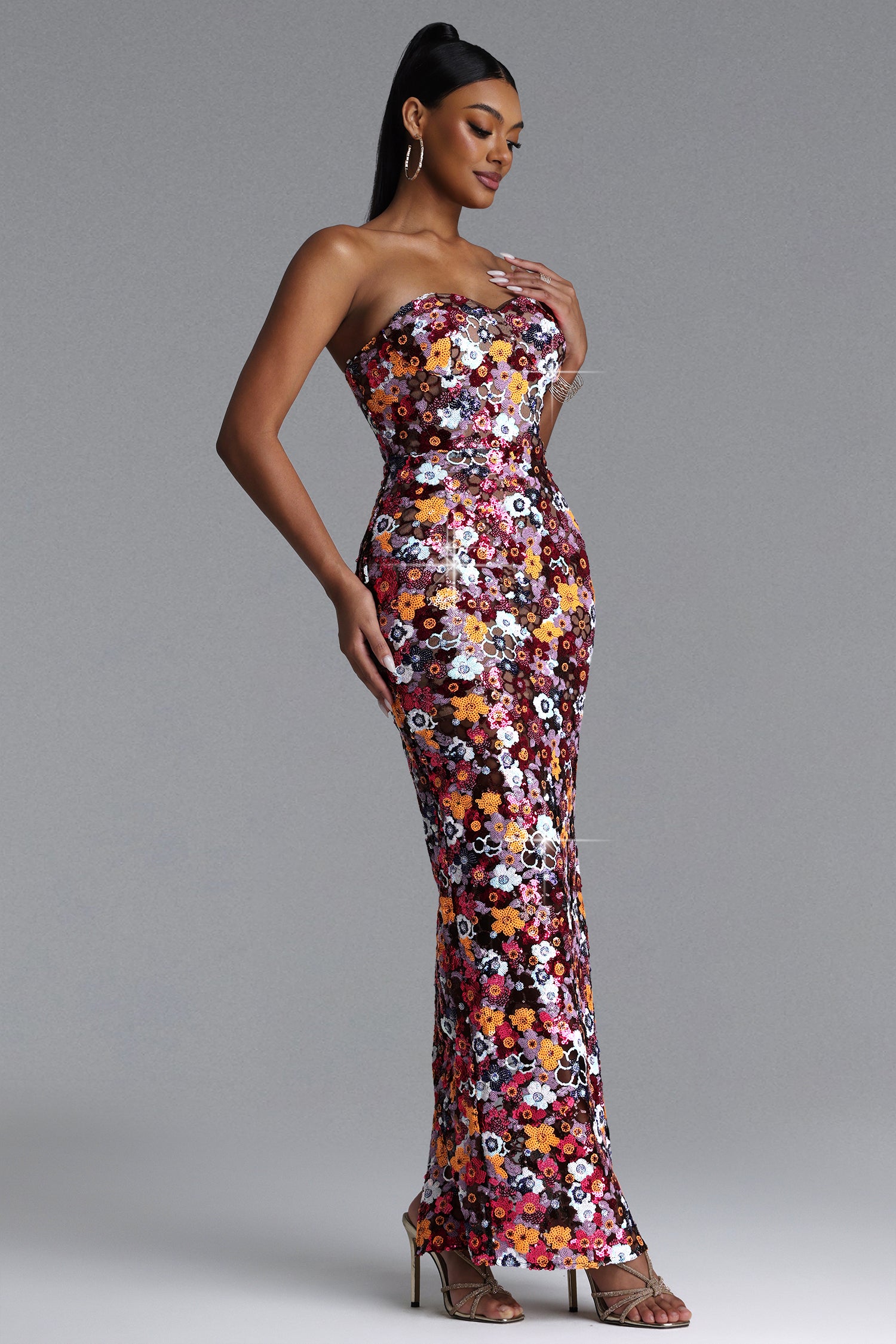 Livia Chic Contour Strapless Sequin Floral Maxi Dress	