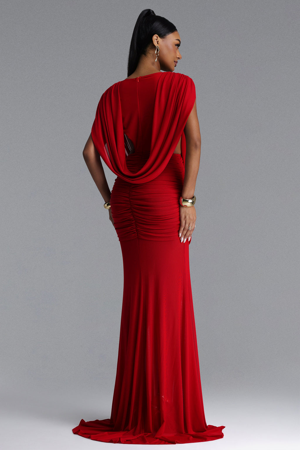 Glenda Chic Contour Ruched Drape Knit Red Maxi Dress	