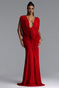 Glenda Chic Contour Ruched Drape Knit Red Maxi Dress	