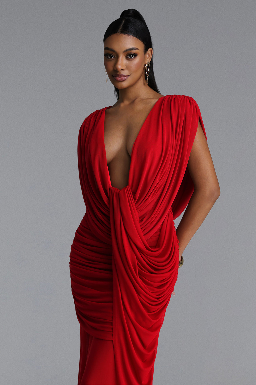 Glenda Chic Contour Ruched Drape Knit Red Maxi Dress	
