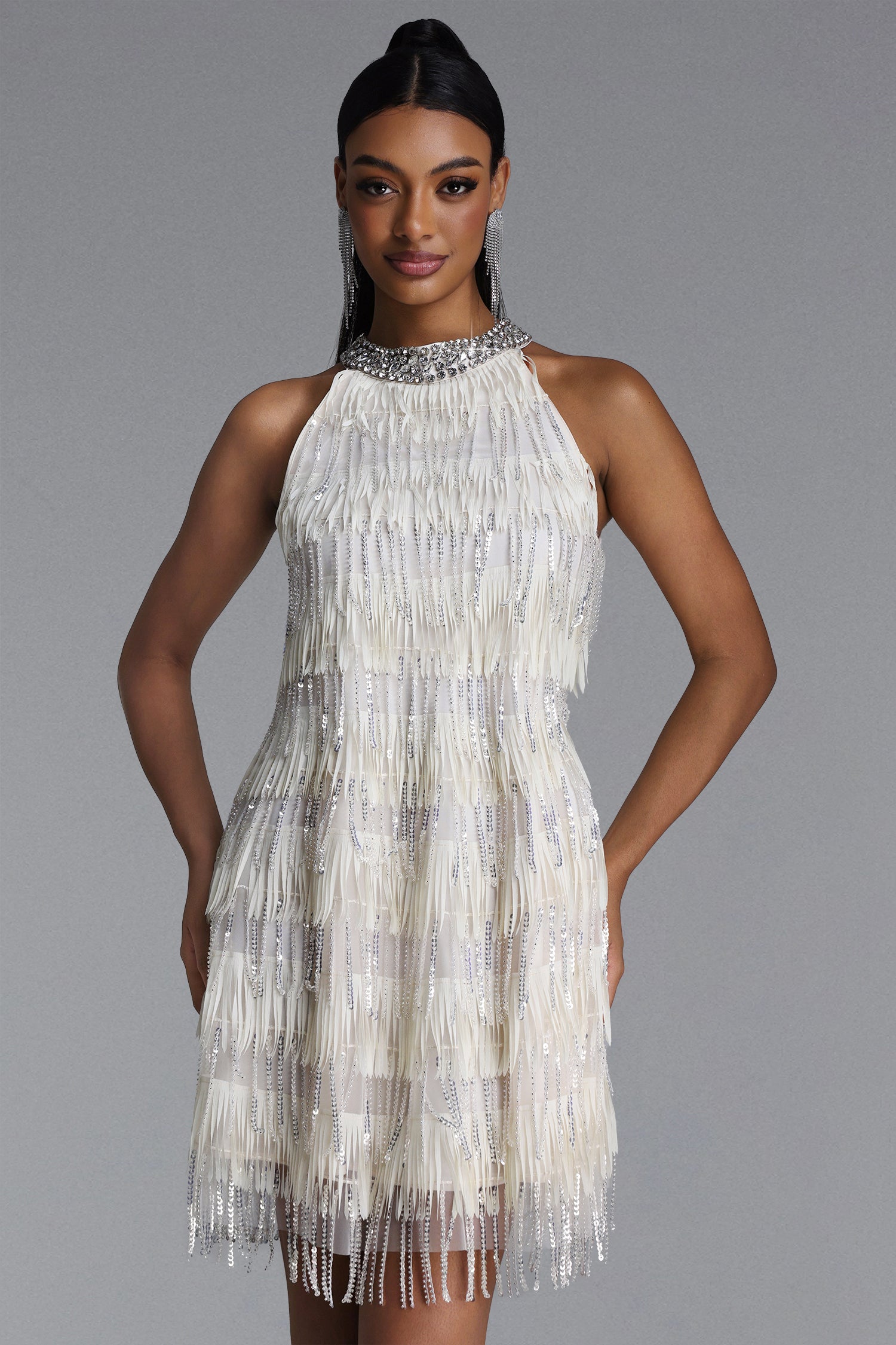 Minma Elegant Flowy Sequin Fringe Tassel Mini Dress	