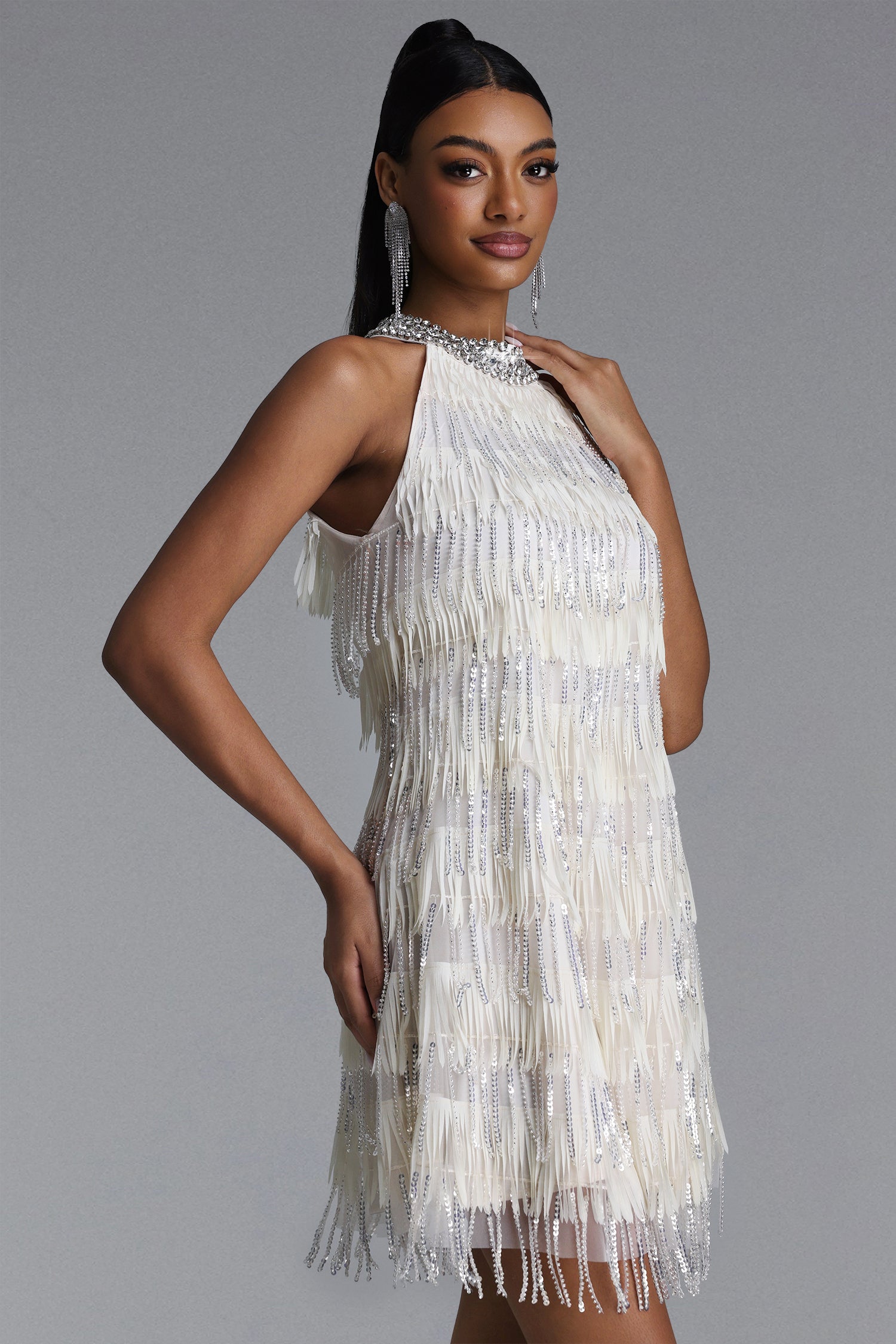 Minma Elegant Flowy Sequin Fringe Tassel Mini Dress	