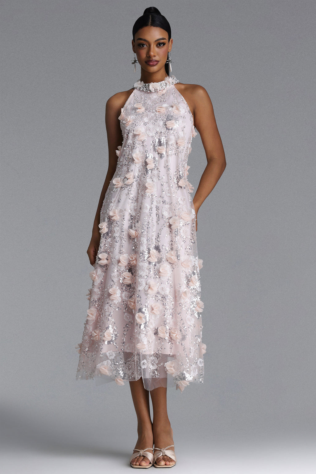 Faithe Elegant Tailored Halter Floral Sequin Maxi Dress	