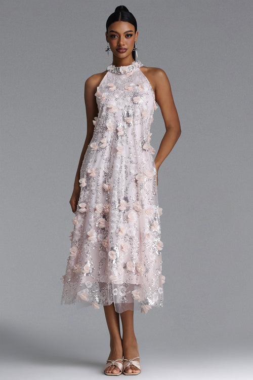 Faithe Elegant Tailored Halter Floral Sequin Maxi Dress	