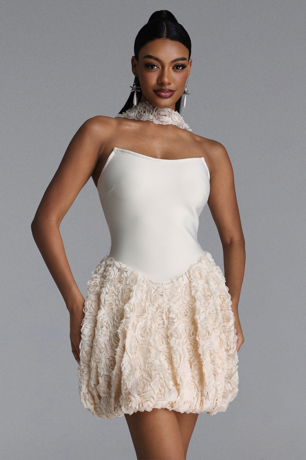 Uniko Romantic Contour Strapless Floral Bandage Mini Dress	