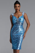 Minon Chic Contour Deep V Feather Sequin Midi Dress	