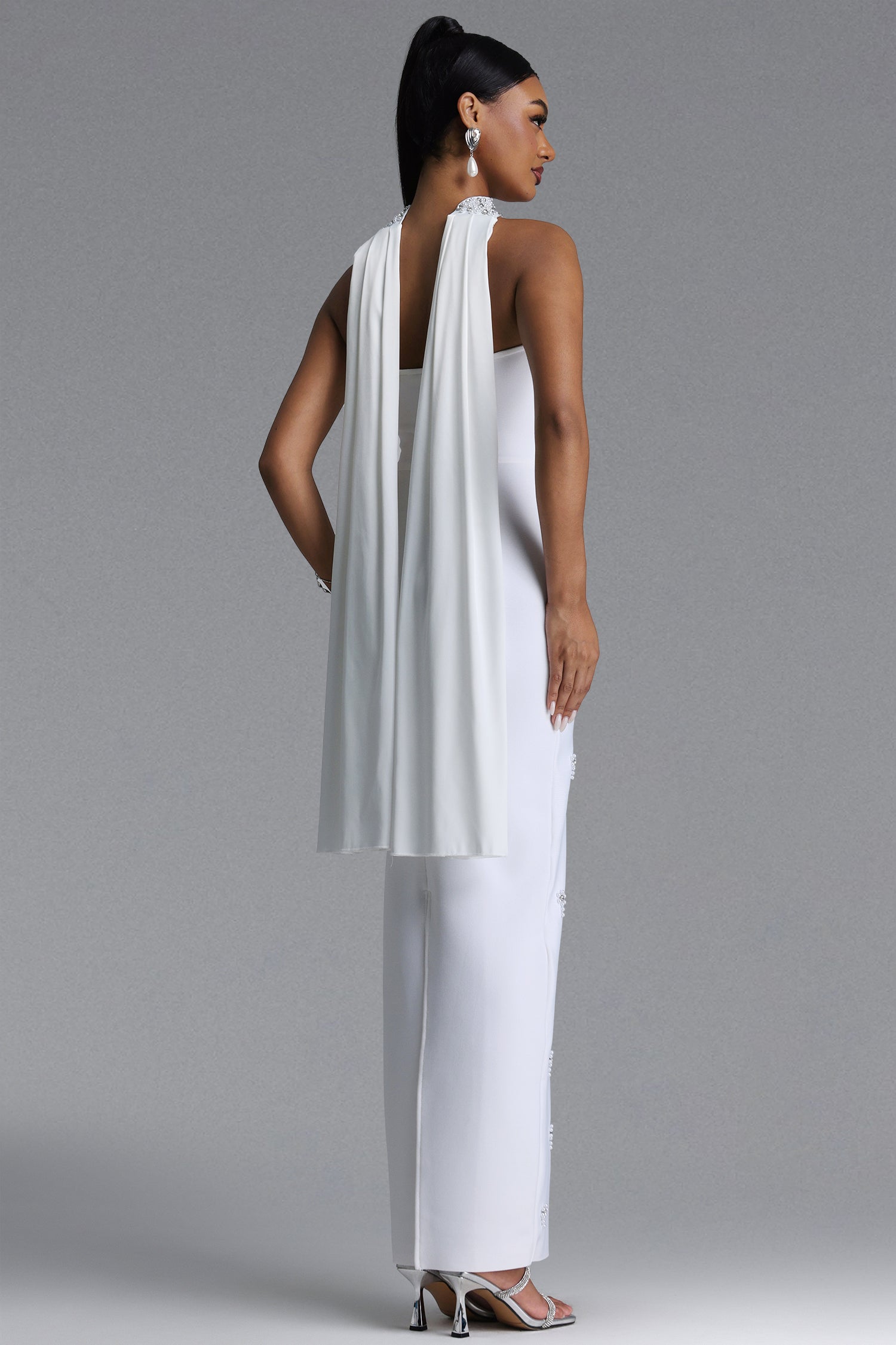 Marina Glamorous Contour Strapless Rhinestone Bandage White Maxi Dress	