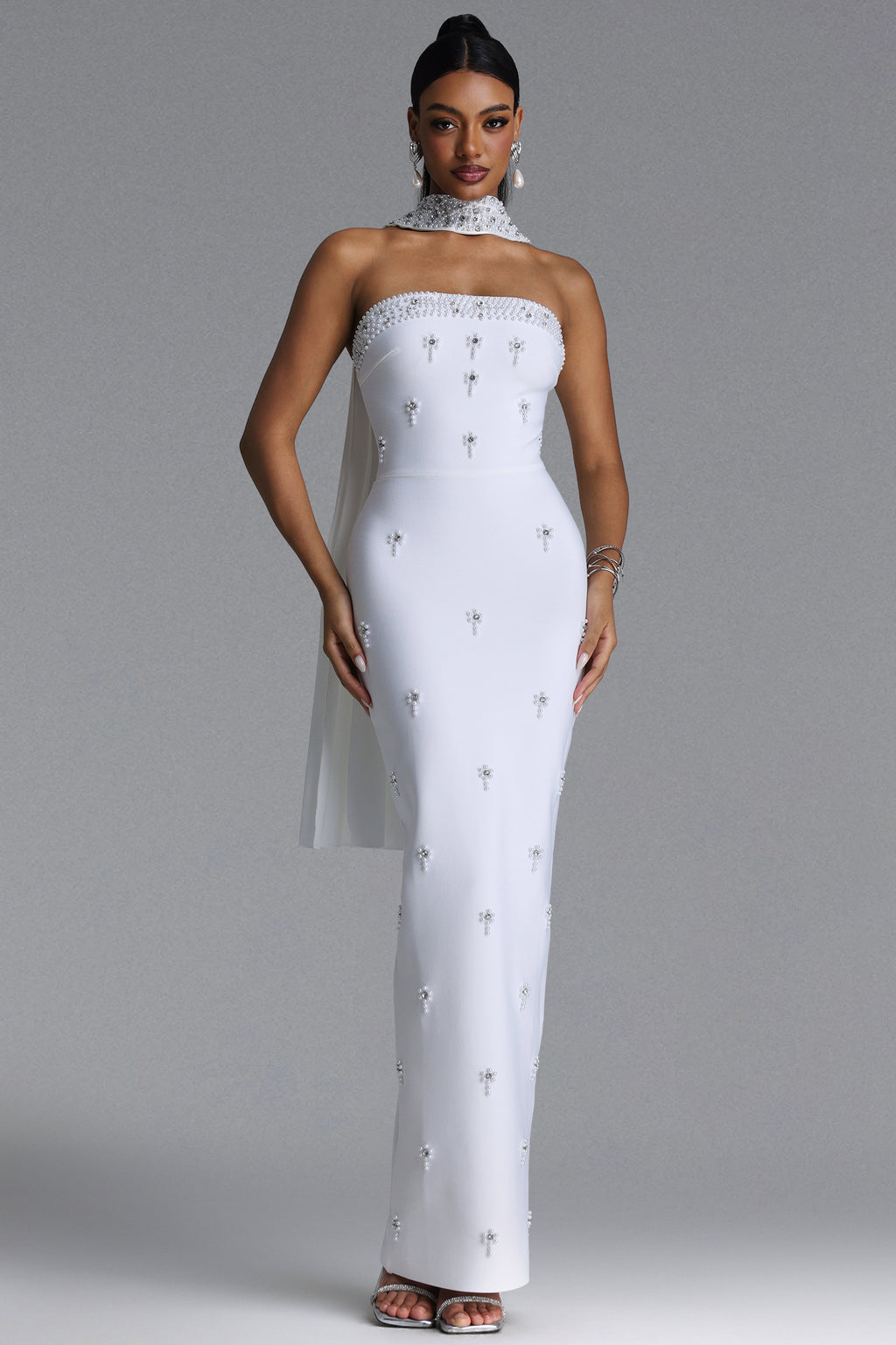 Marina Glamorous Contour Strapless Rhinestone Bandage White Maxi Dress	