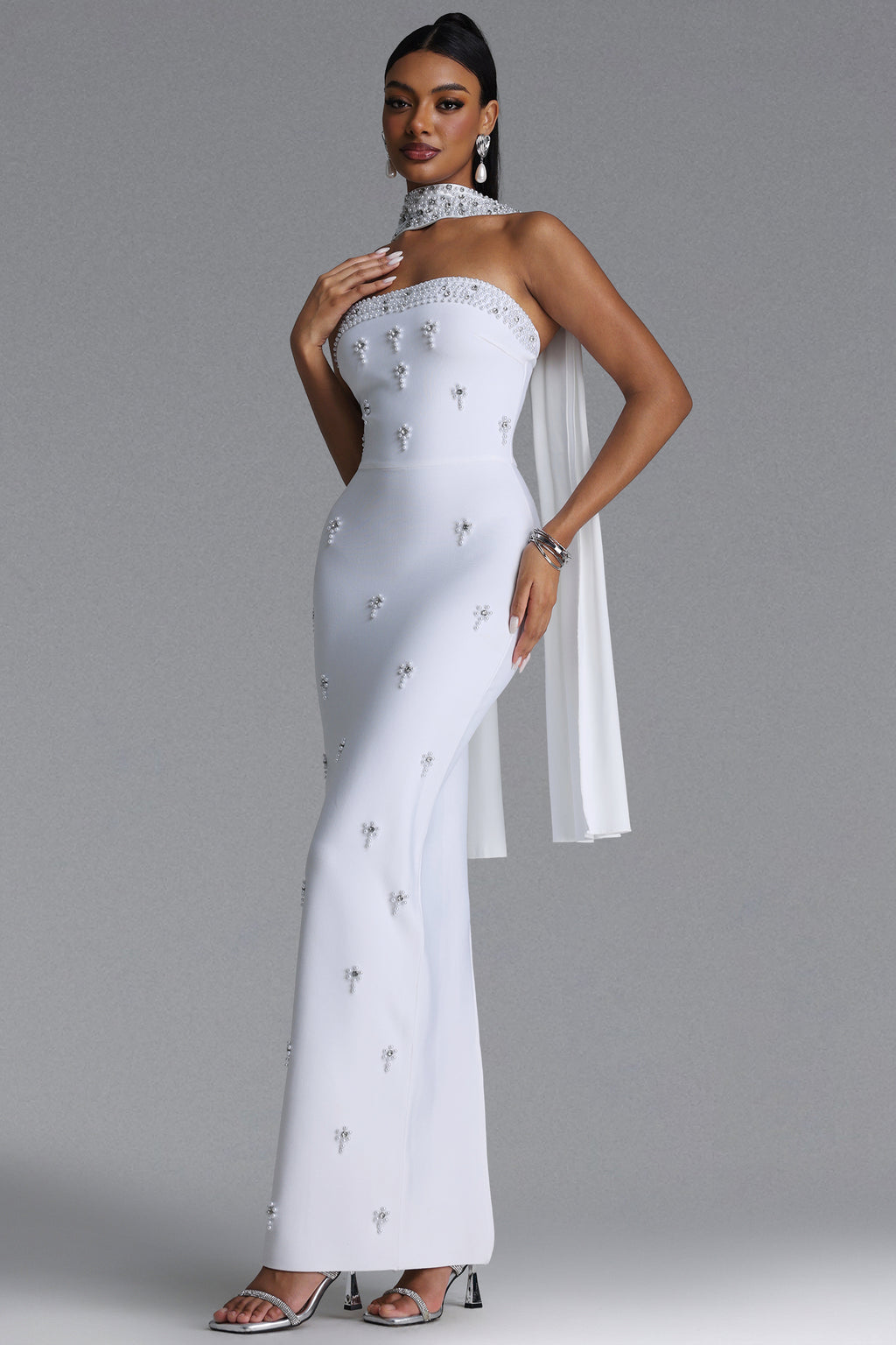 Marina Glamorous Contour Strapless Rhinestone Bandage White Maxi Dress	