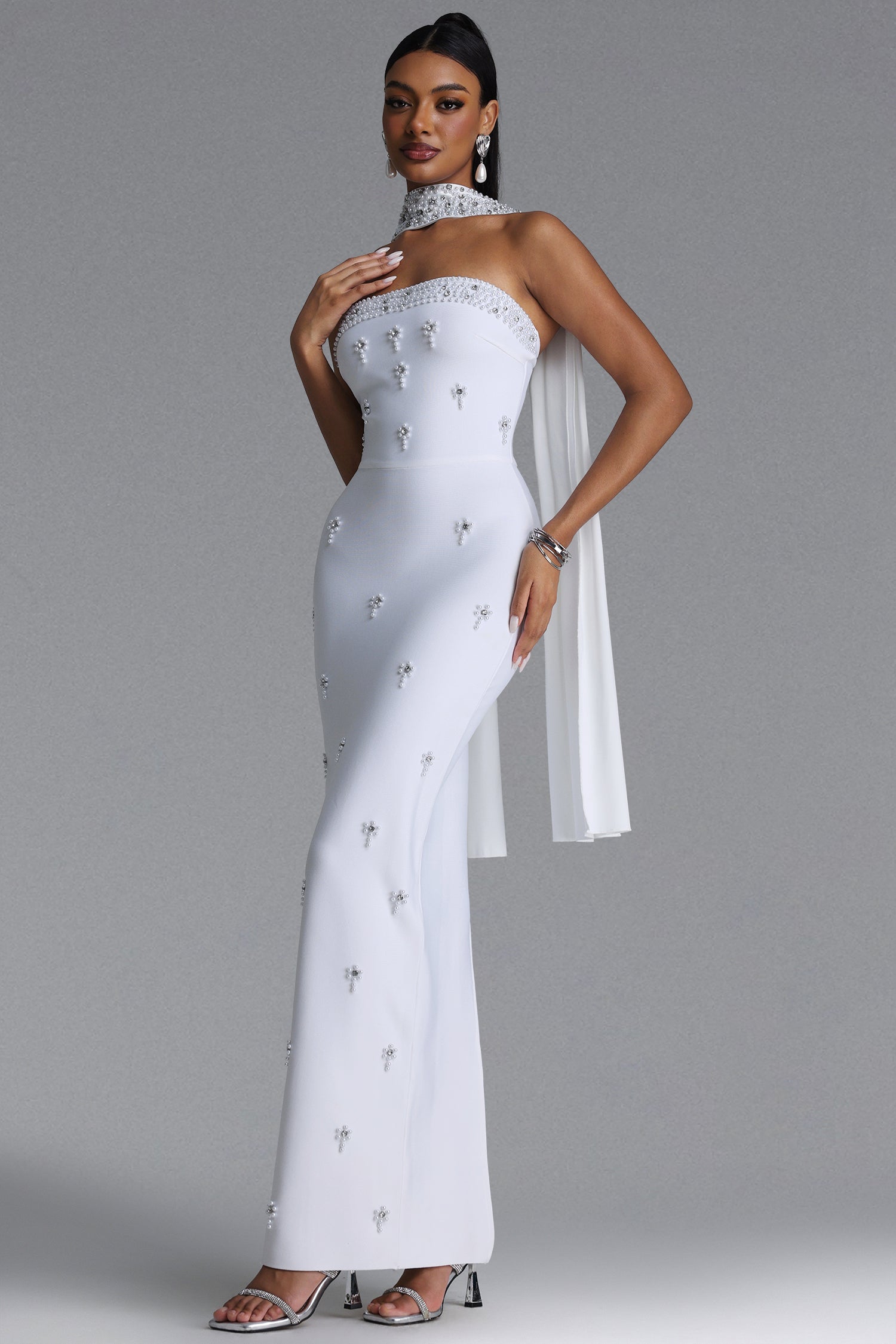 Marina Glamorous Contour Strapless Rhinestone Bandage White Maxi Dress	