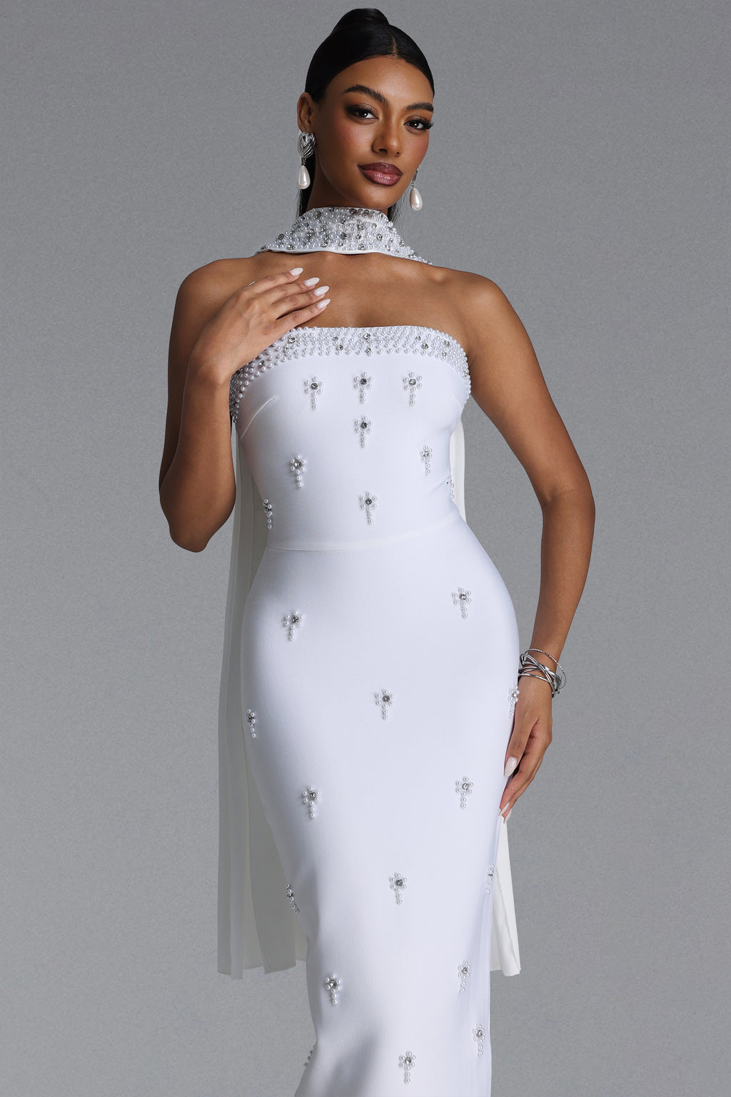 Marina Glamorous Contour Strapless Rhinestone Bandage White Maxi Dress	