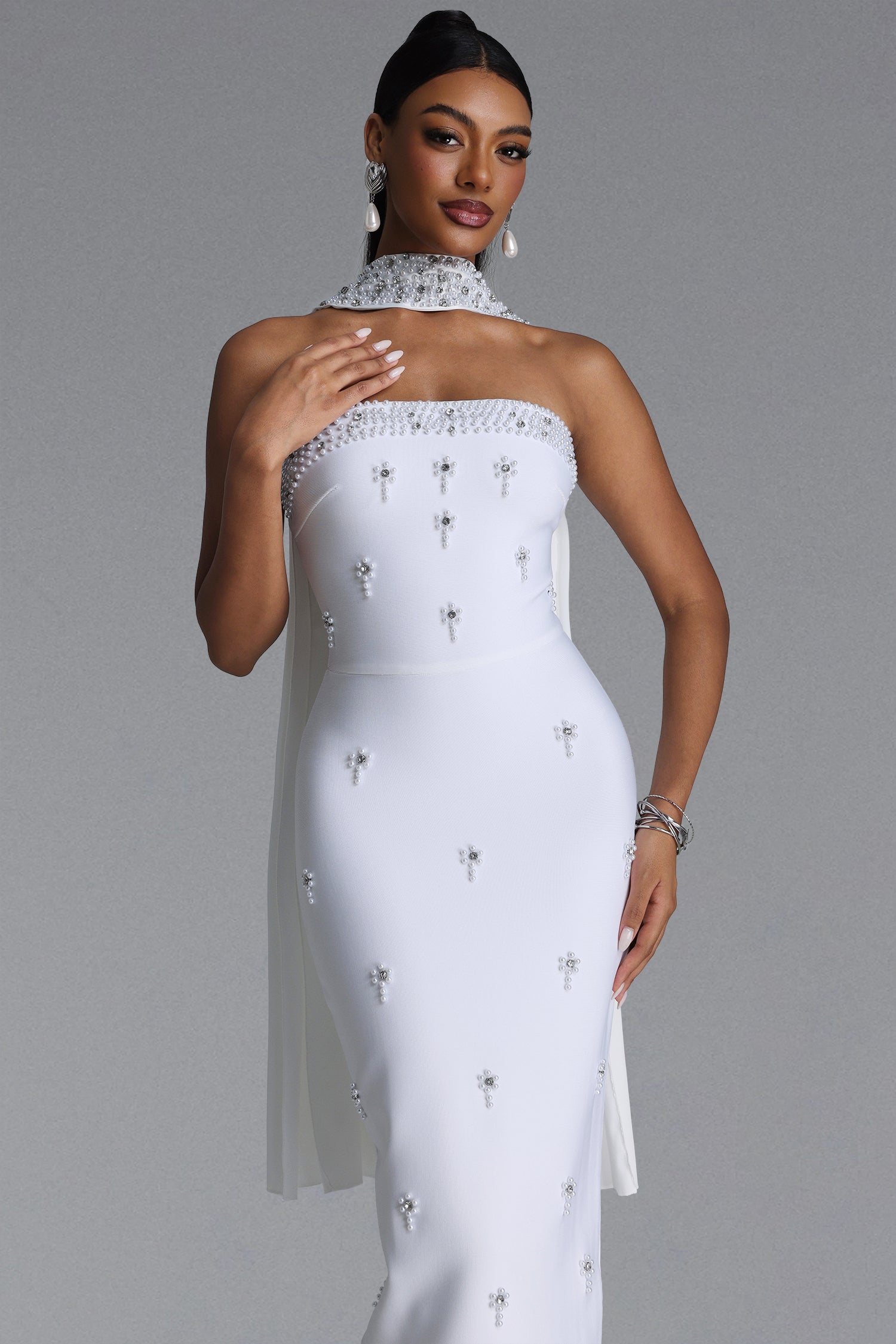 Marina Glamorous Contour Strapless Rhinestone Bandage White Maxi Dress	