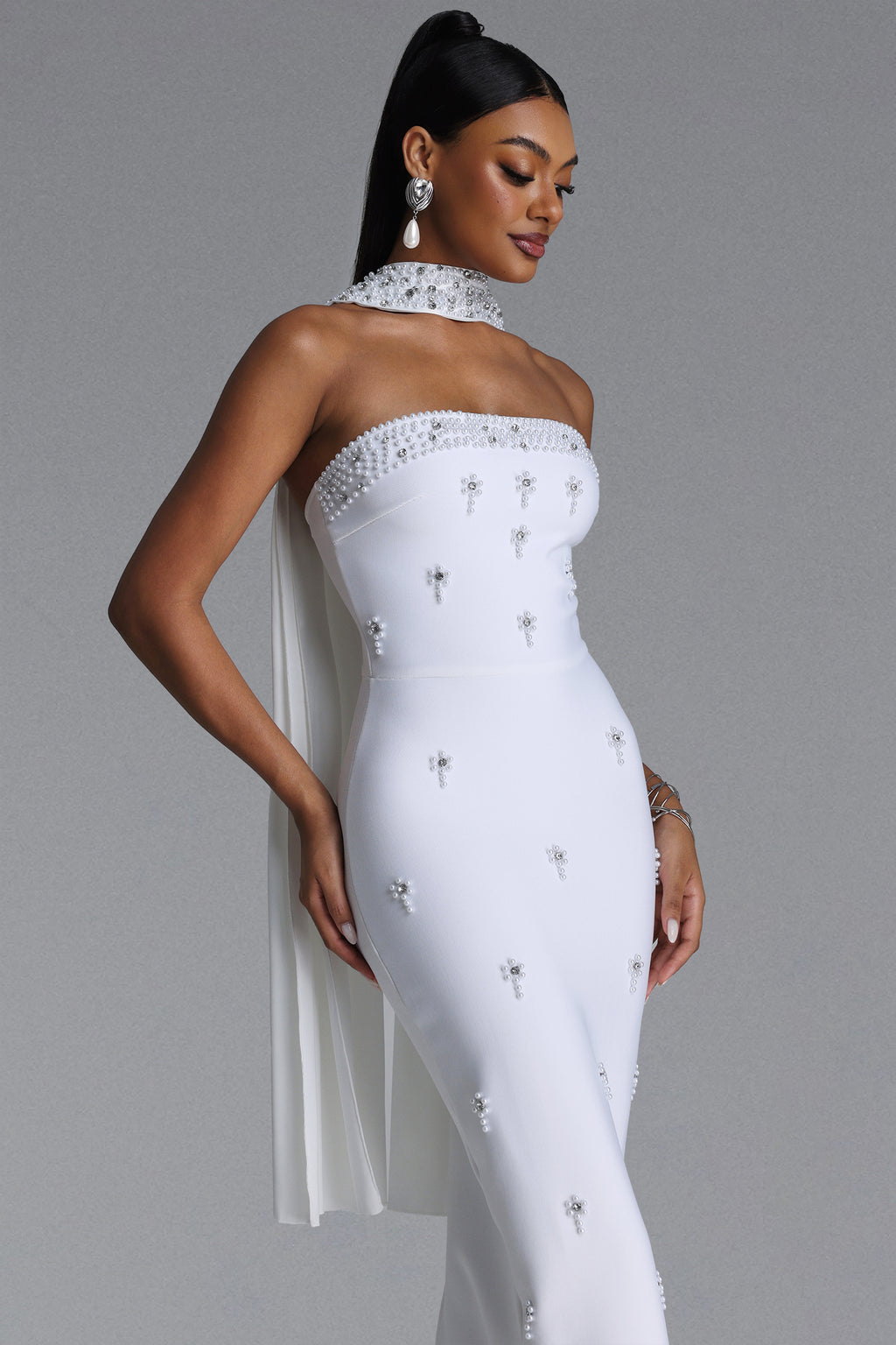 Marina Glamorous Contour Strapless Rhinestone Bandage White Maxi Dress	
