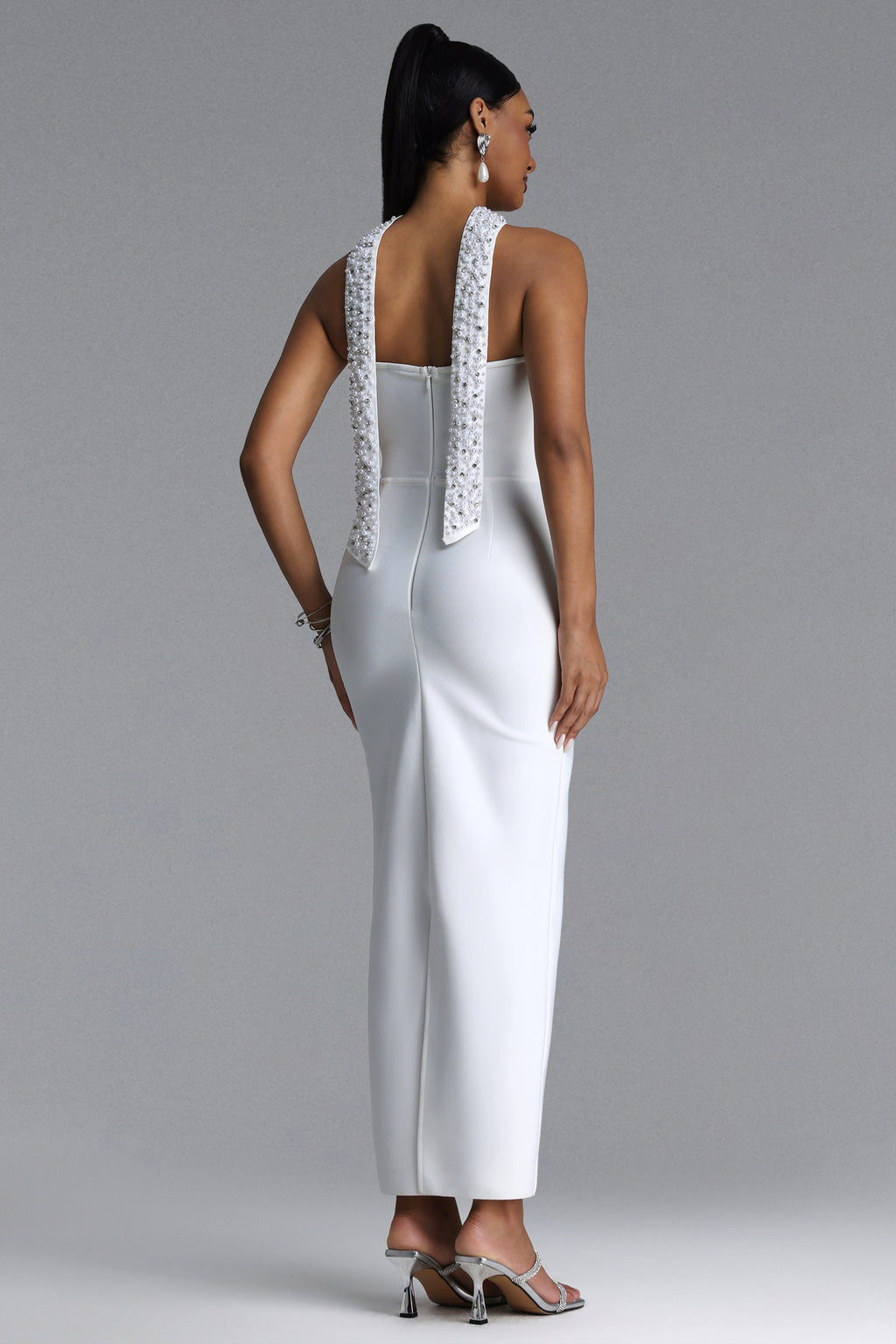 Iunne Chic Contour Strapless Cut Out Pearl Rhinestone Bandage Maxi Dress	