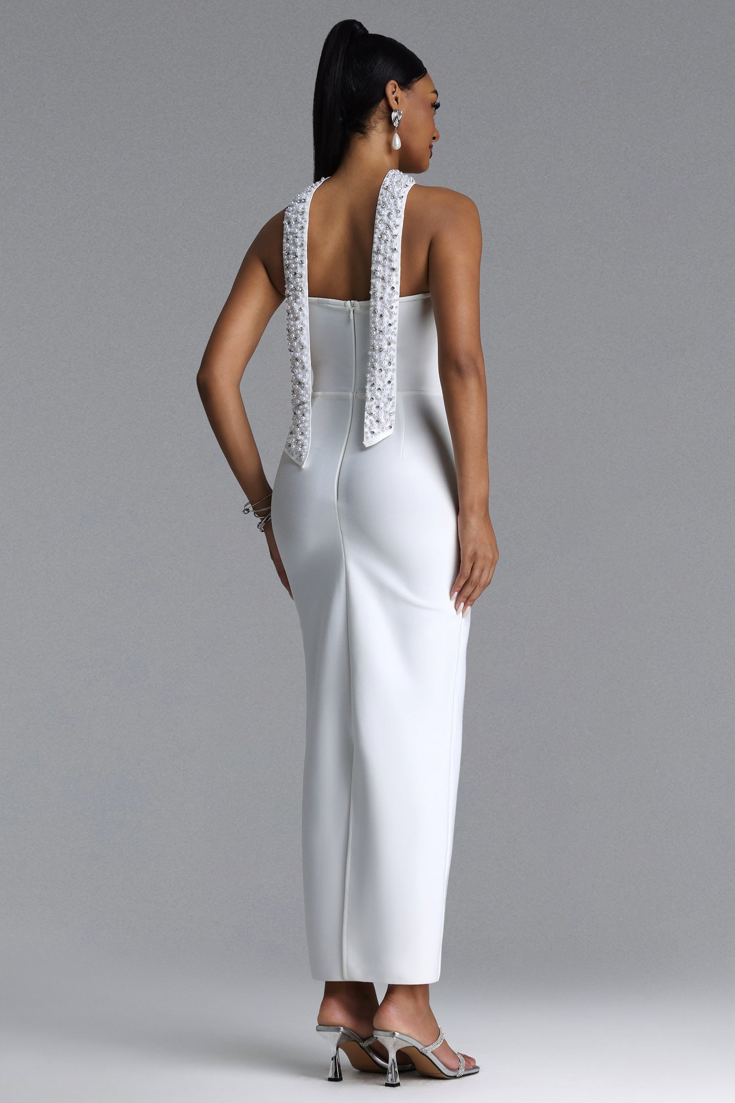 Iunne Chic Contour Strapless Cut Out Pearl Rhinestone Bandage Maxi Dress	
