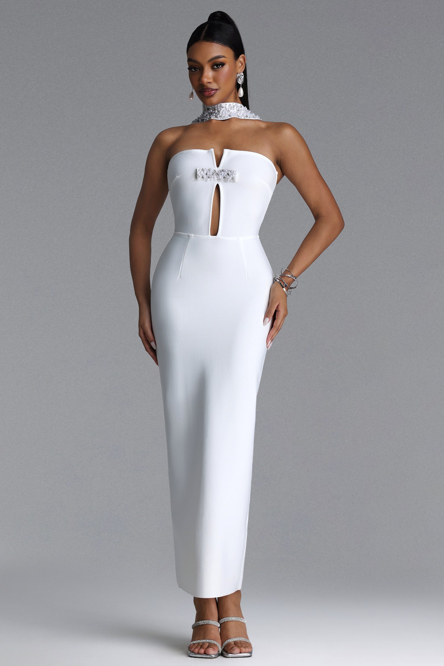 Iunne Chic Contour Strapless Cut Out Pearl Rhinestone Bandage Maxi Dress	