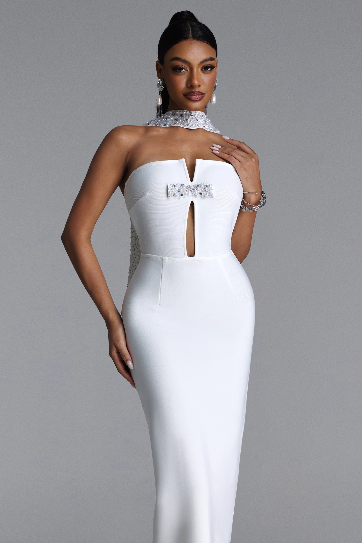 Iunne Chic Contour Strapless Cut Out Pearl Rhinestone Bandage Maxi Dress	