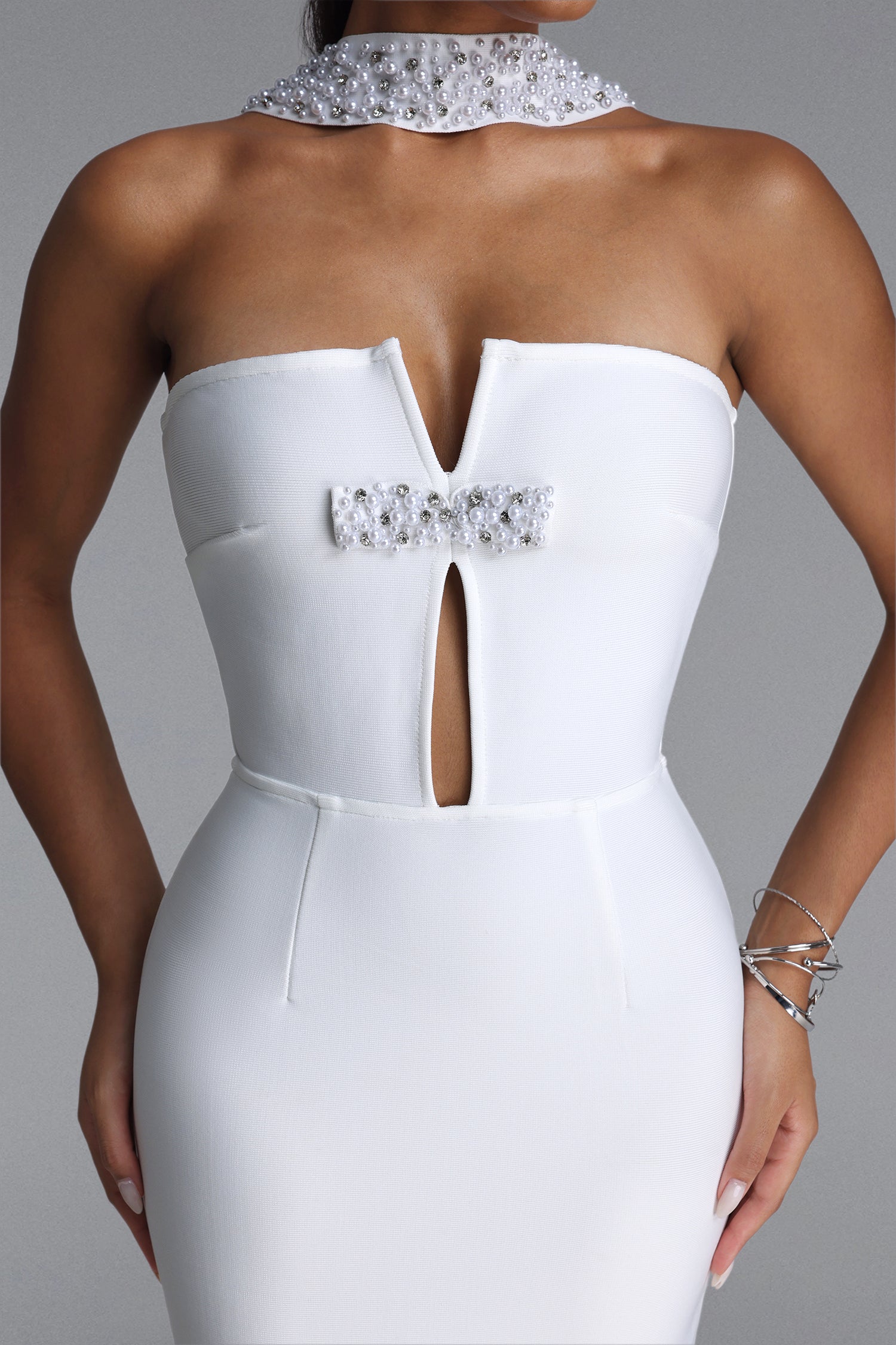 Iunne Chic Contour Strapless Cut Out Pearl Rhinestone Bandage Maxi Dress	