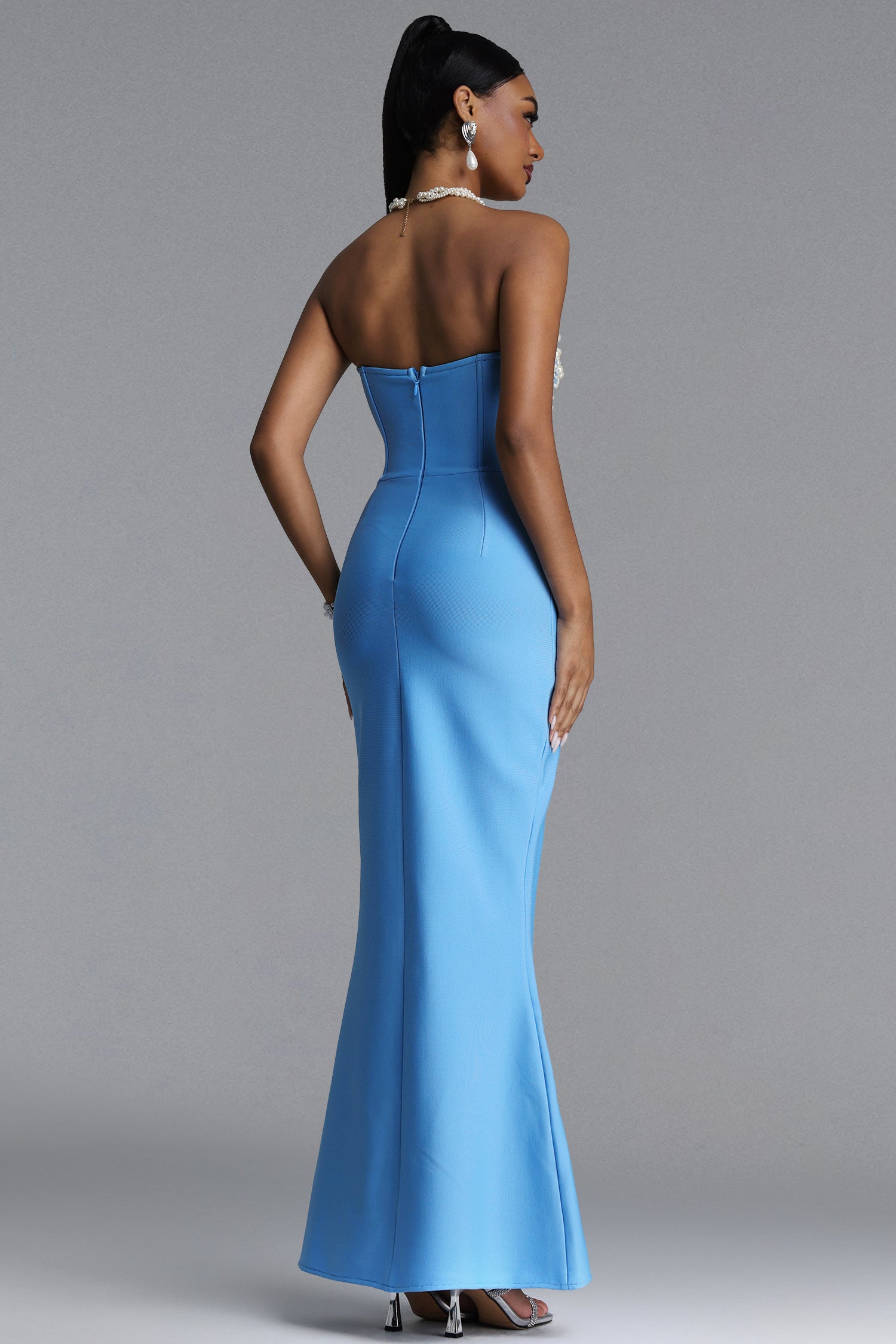 Rebel Elegant Contour Strapless Pearl Bandage Maxi Dress	