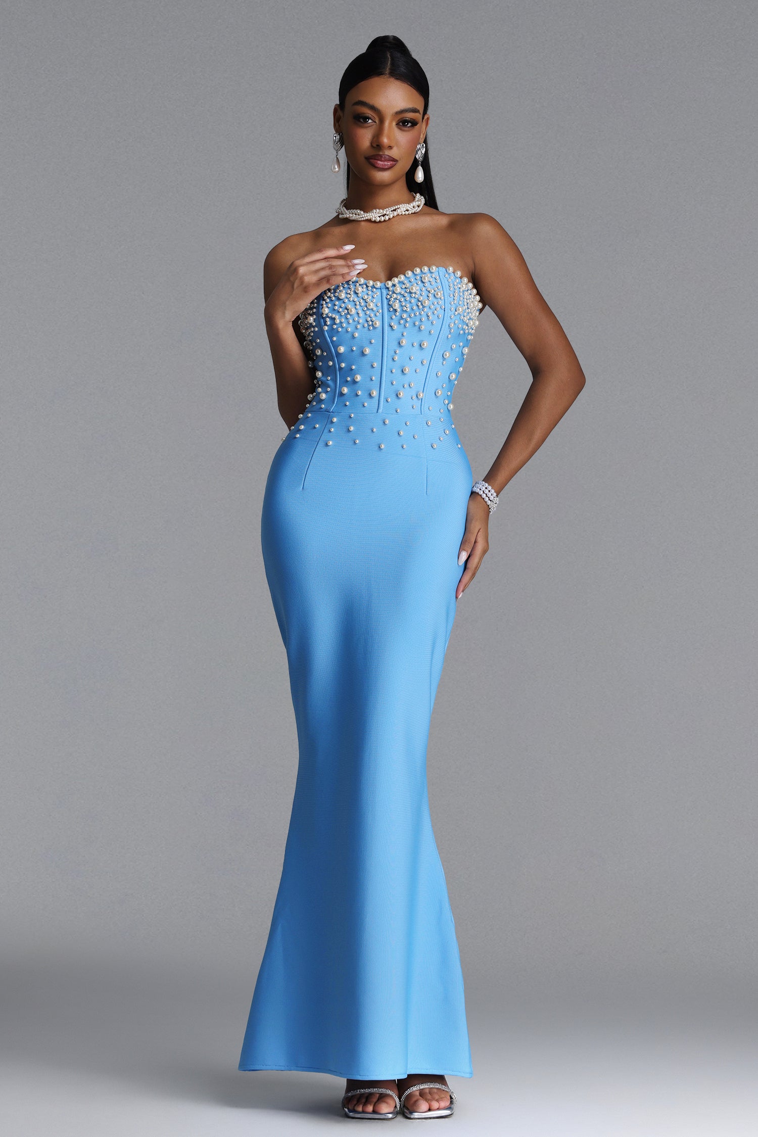 Rebel Elegant Contour Strapless Pearl Bandage Maxi Dress	
