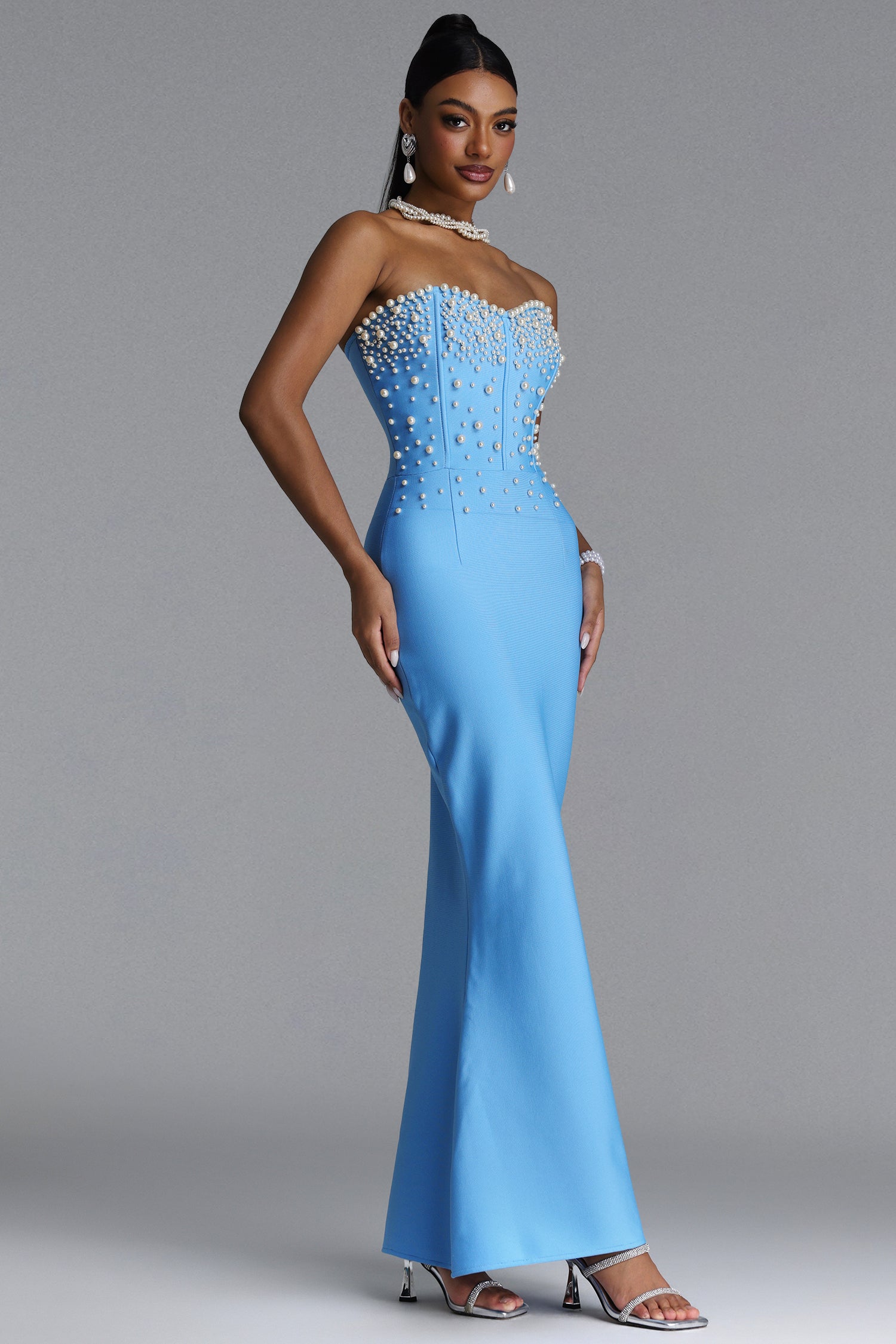 Rebel Elegant Contour Strapless Pearl Bandage Maxi Dress	