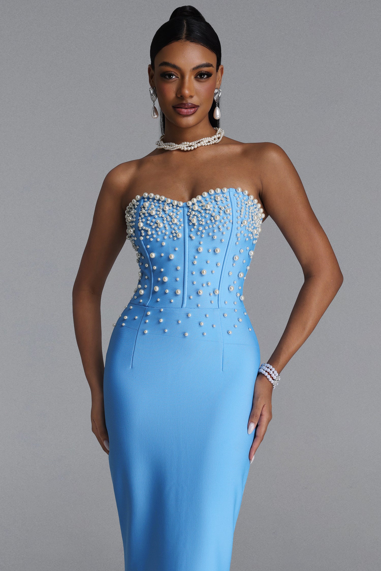 Rebel Elegant Contour Strapless Pearl Bandage Maxi Dress	