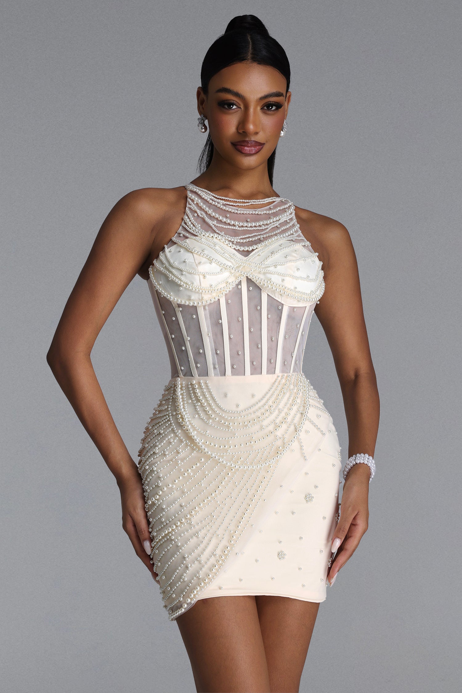 Maoma Glamorous Contour Pearl Chain Corset Sheer Mini Dress	