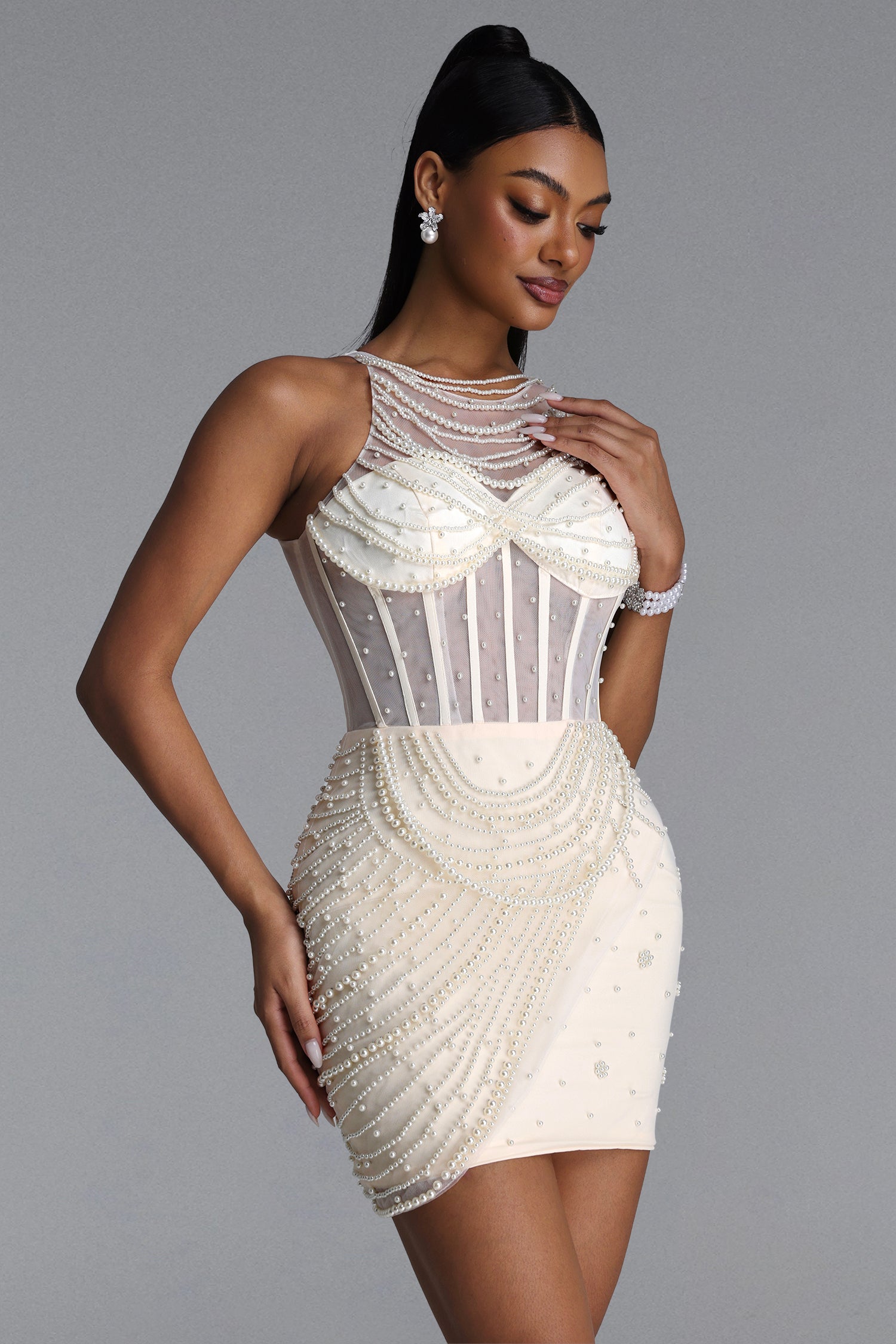 Maoma Glamorous Contour Pearl Chain Corset Sheer Mini Dress	