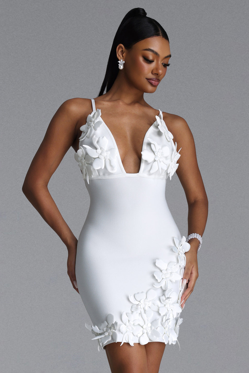 Margaret Chic Contour V Neck Floral Bandage Mini Dress	
