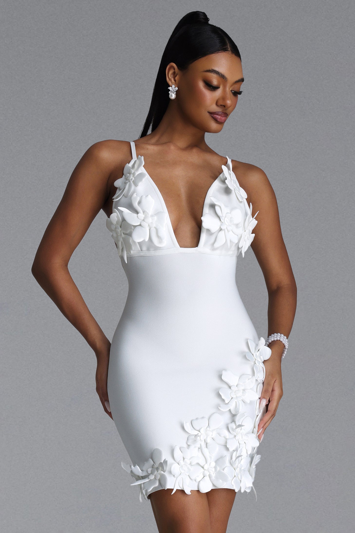 Margaret Chic Contour V Neck Floral Bandage Mini Dress	