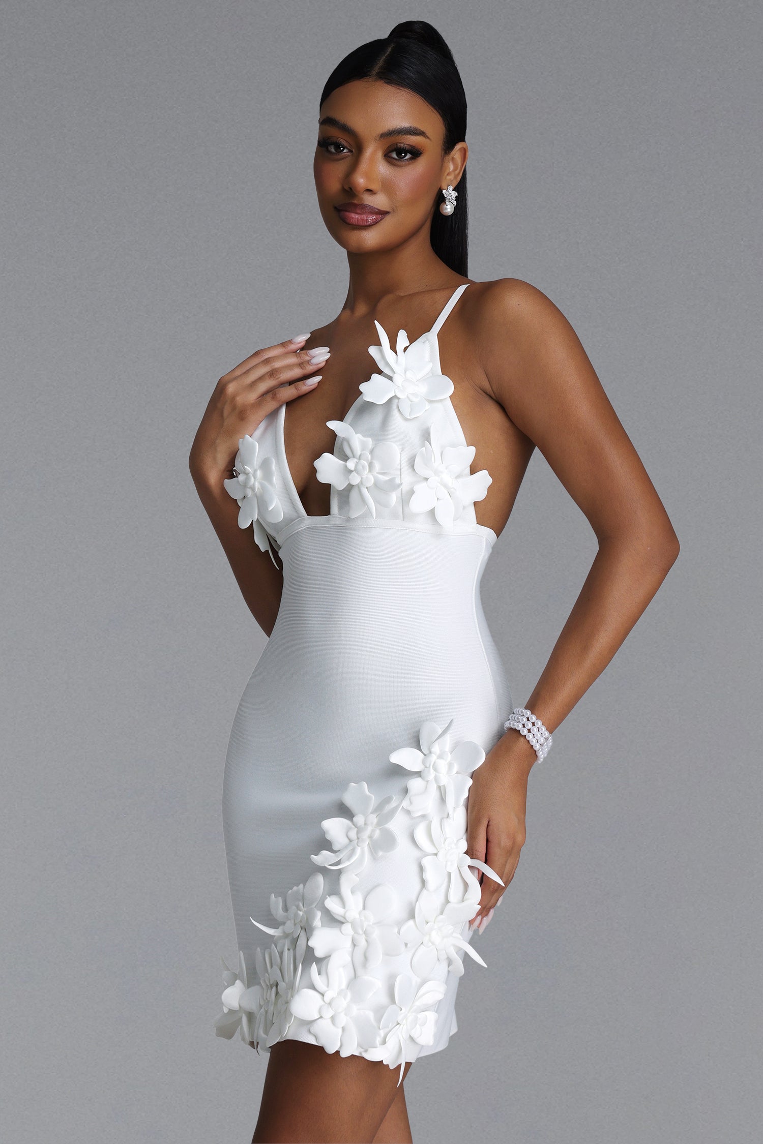 Margaret Chic Contour V Neck Floral Bandage Mini Dress	