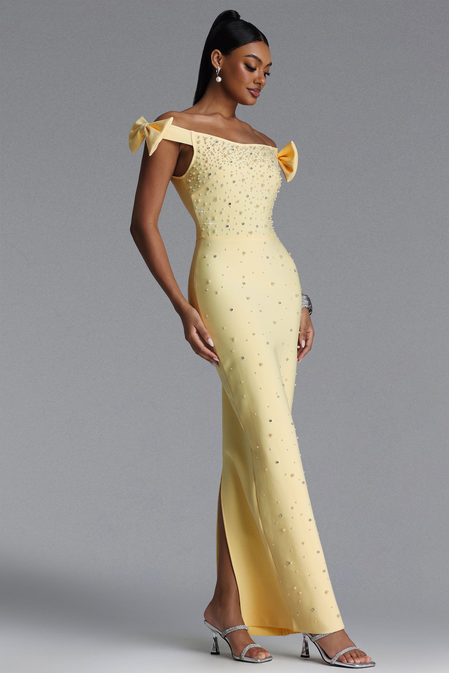 Fanny Chic Contour Off Shoulder Pearl Rhinestone Bandage Maxi Dress	