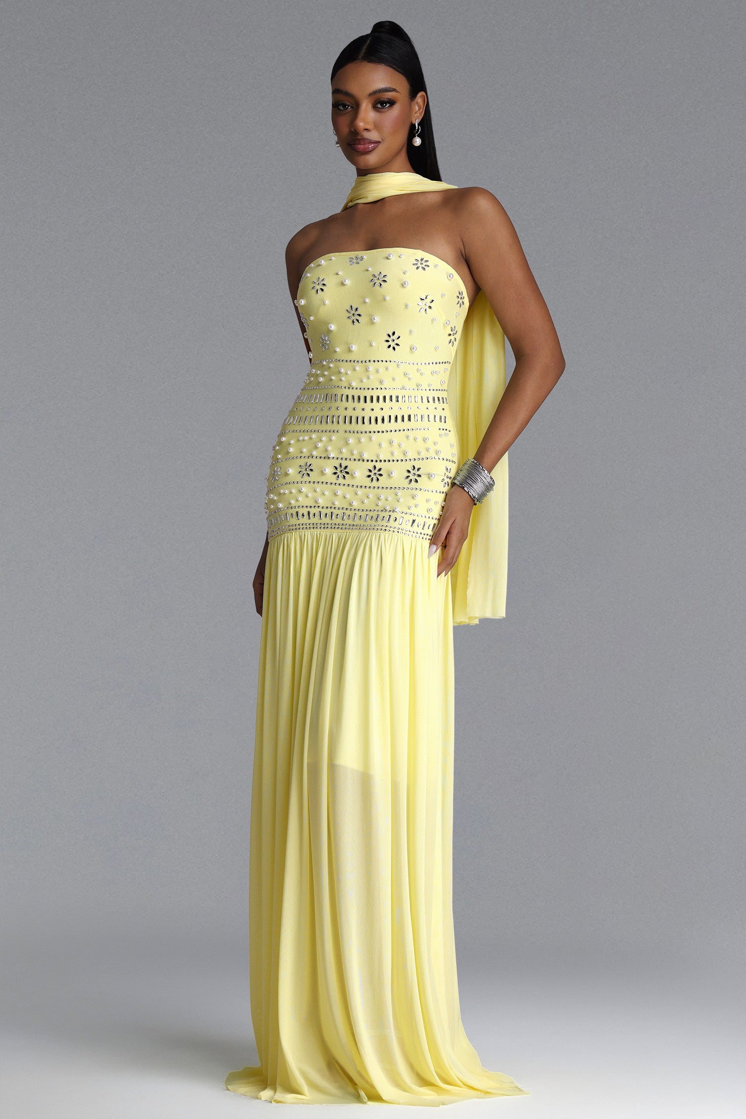 Volary Chic Contour Pearl Crystal Maxi Dress	