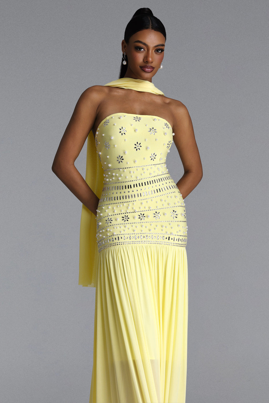 Volary Chic Contour Pearl Crystal Maxi Dress	