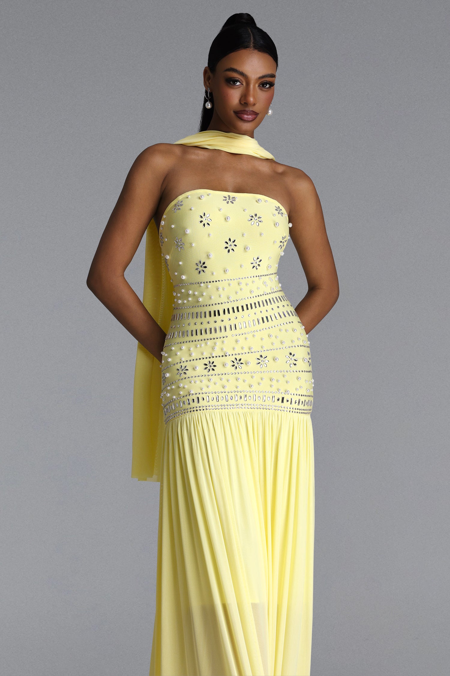 Volary Chic Contour Pearl Crystal Maxi Dress	