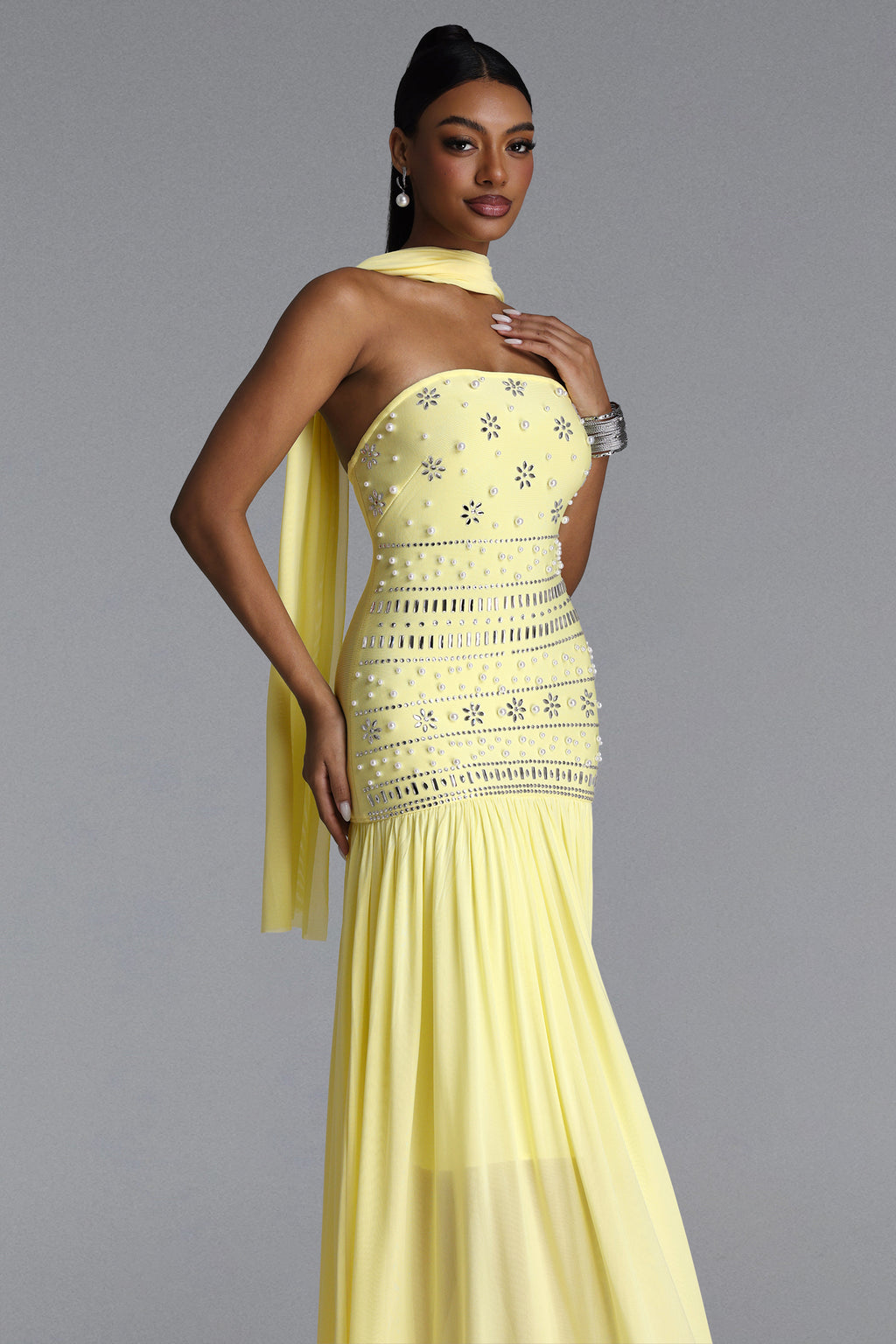 Volary Chic Contour Pearl Crystal Maxi Dress	