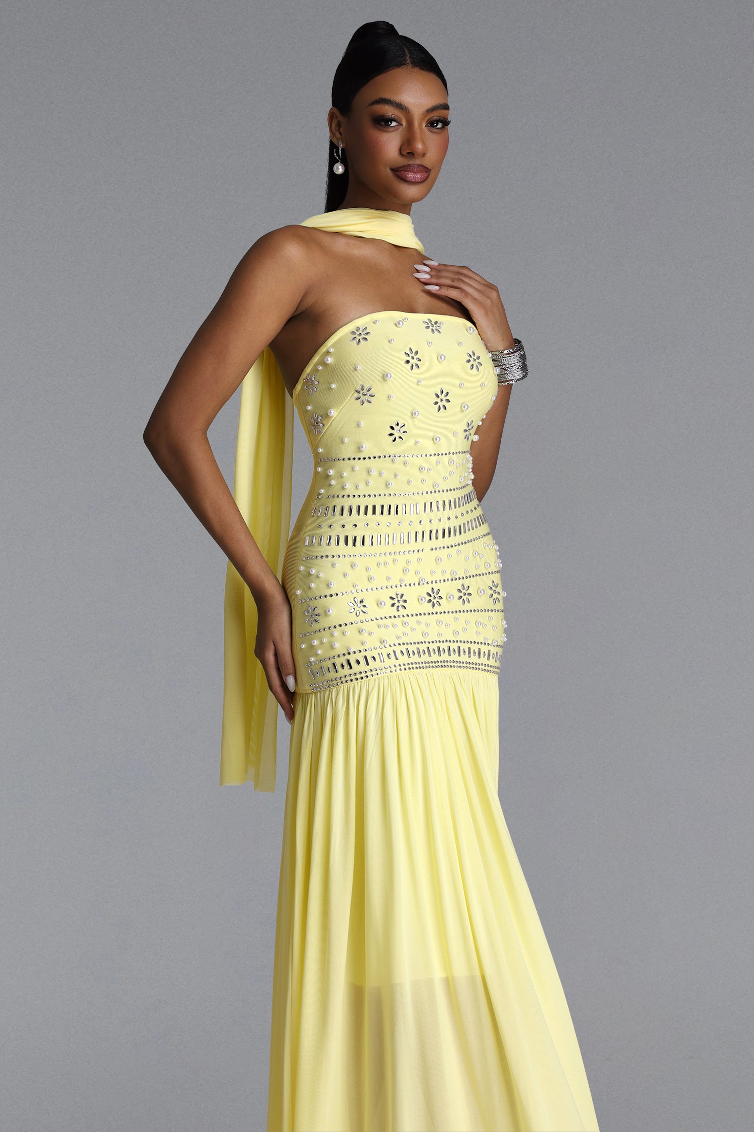 Volary Chic Contour Pearl Crystal Maxi Dress	