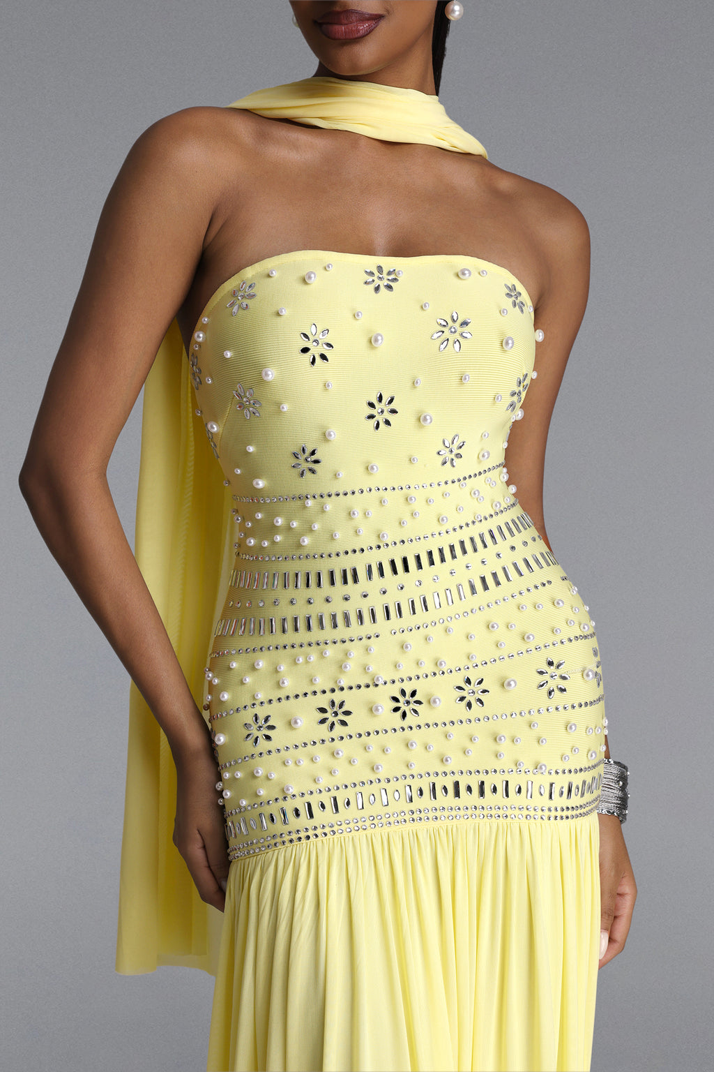 Volary Chic Contour Pearl Crystal Maxi Dress	