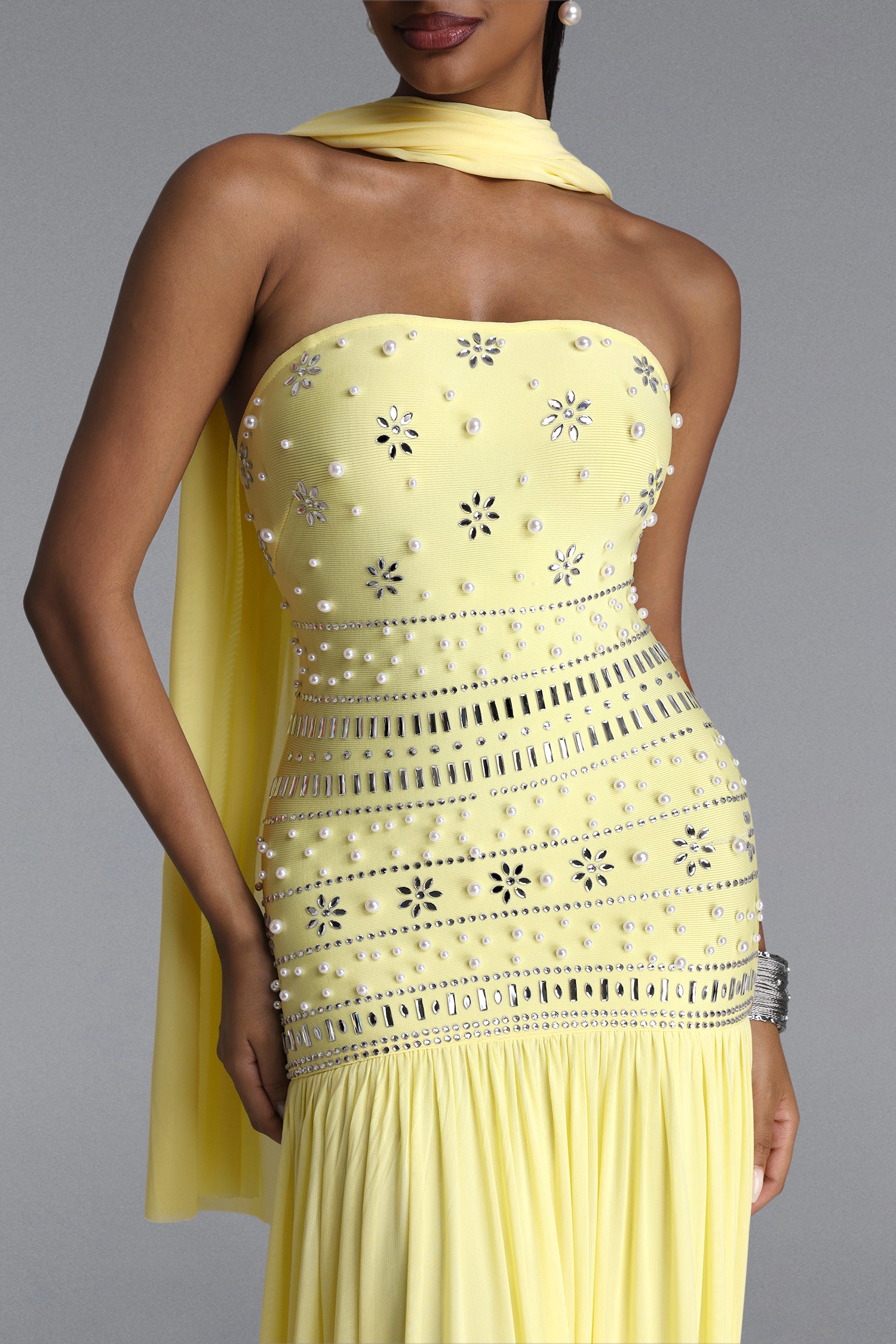 Volary Chic Contour Pearl Crystal Maxi Dress	