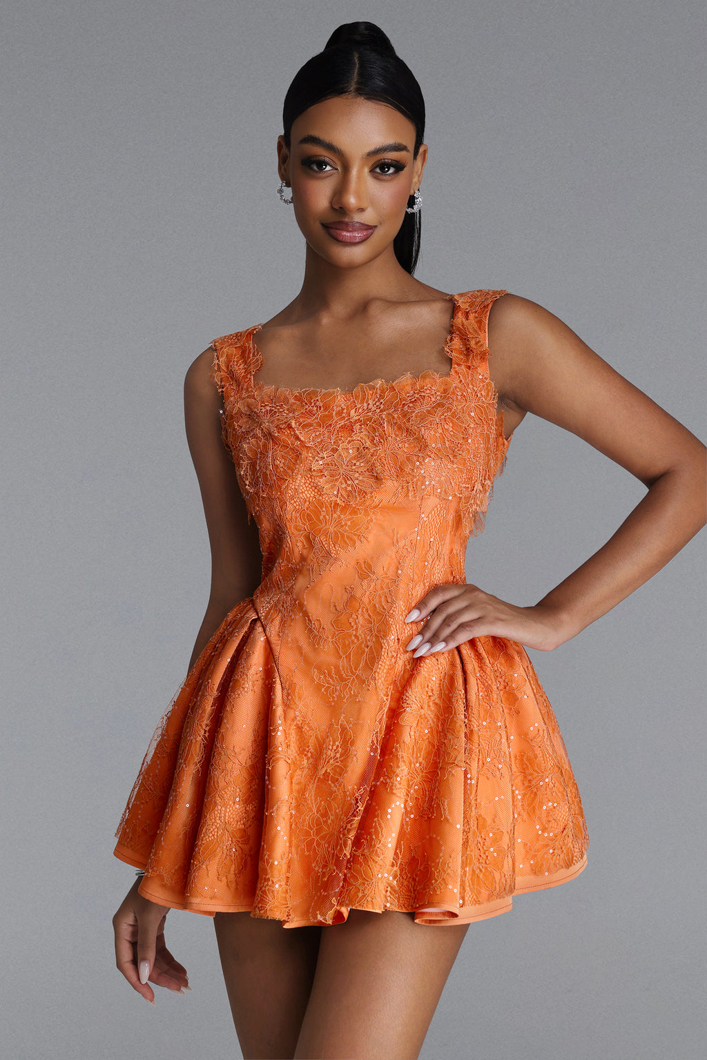 Kaylee Romantic Tailored Square Neck Lace Mini Dress	