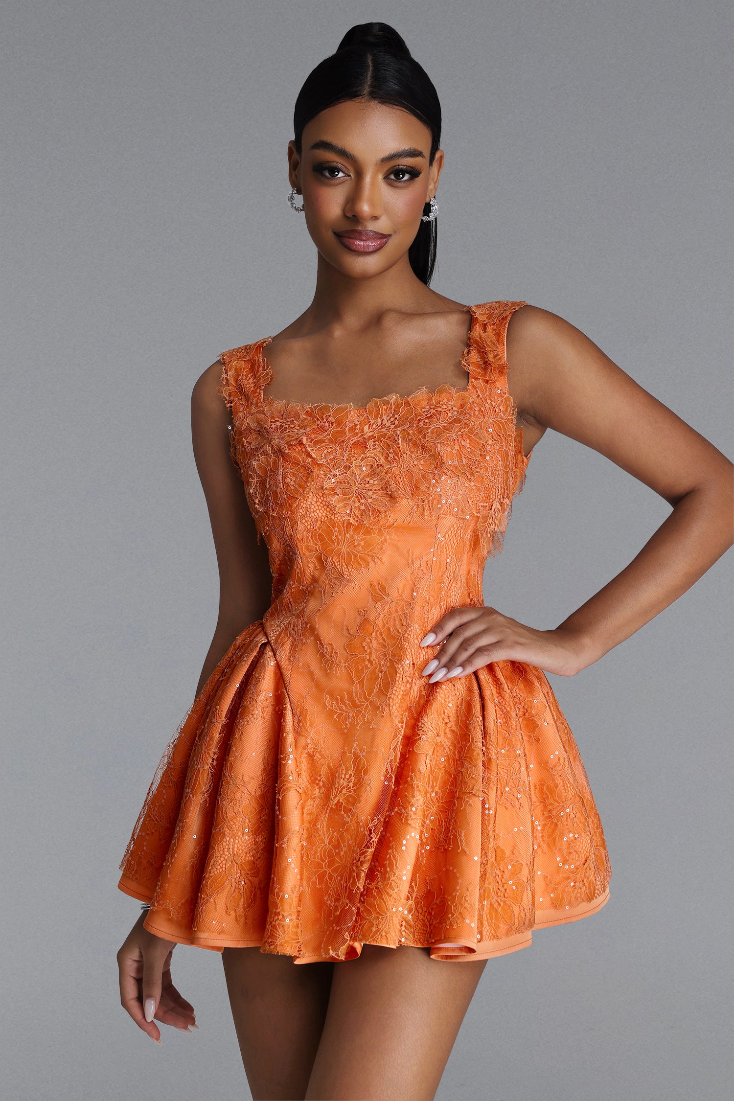 Kaylee Romantic Tailored Square Neck Lace Mini Dress	