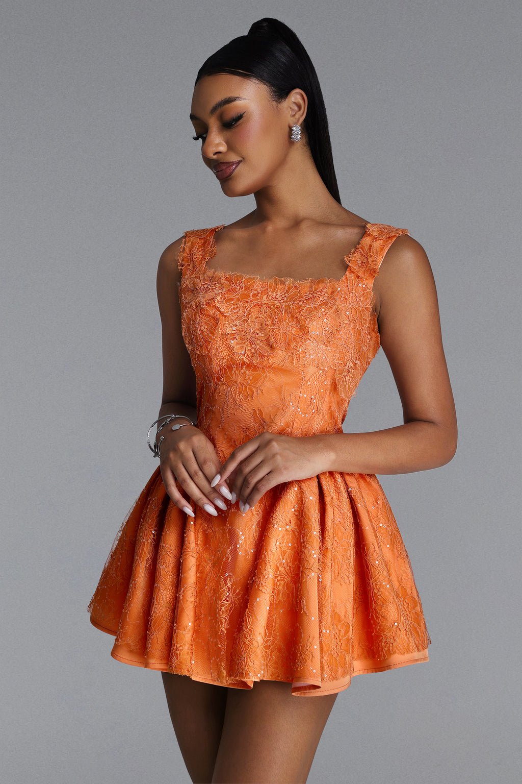 Kaylee Romantic Tailored Square Neck Lace Mini Dress	
