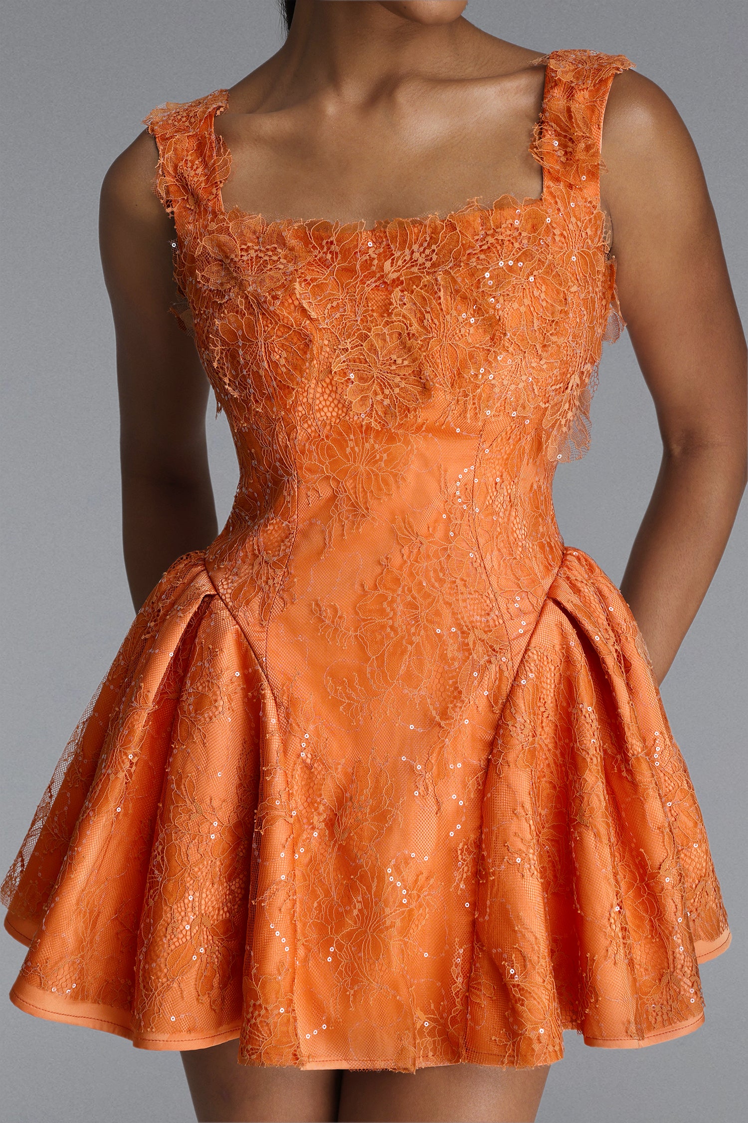 Kaylee Romantic Tailored Square Neck Lace Mini Dress	