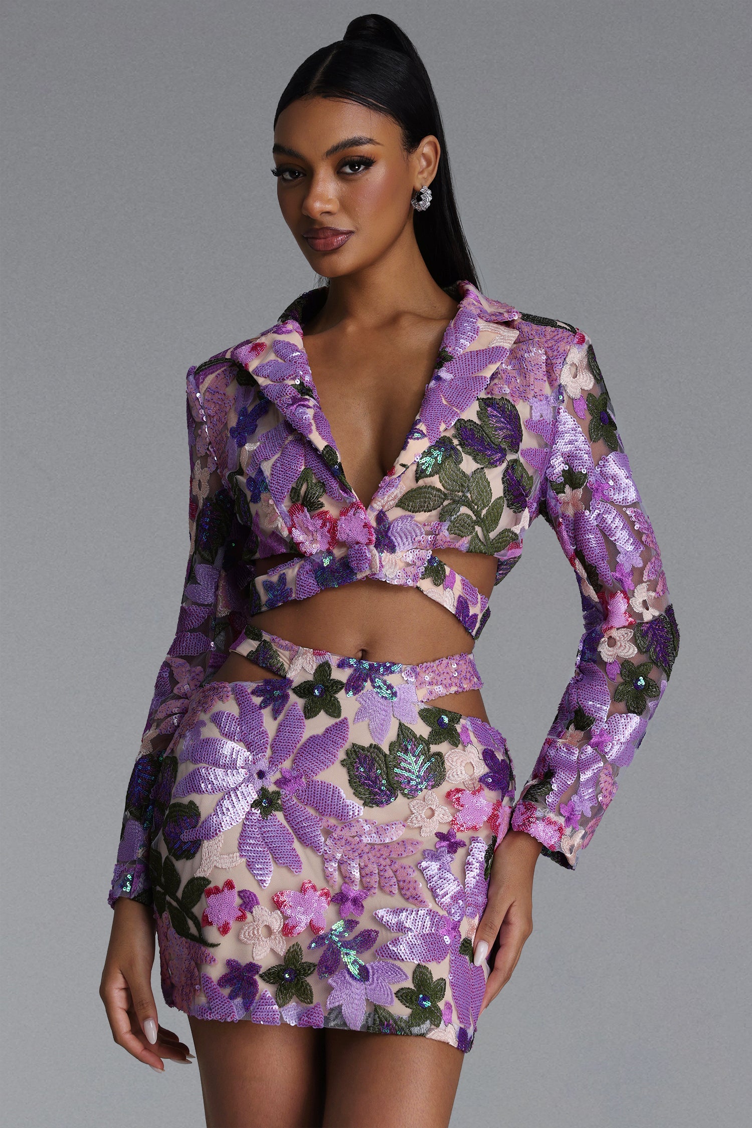 Yarera Romantic Tailored Sequin Floral Blazer and Skirt Set	