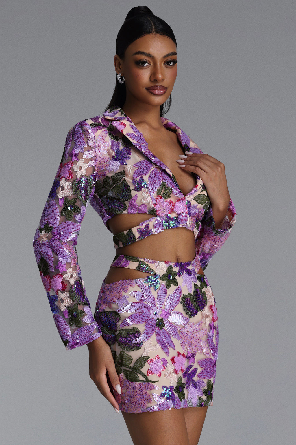 Yarera Romantic Tailored Sequin Floral Blazer and Skirt Set	